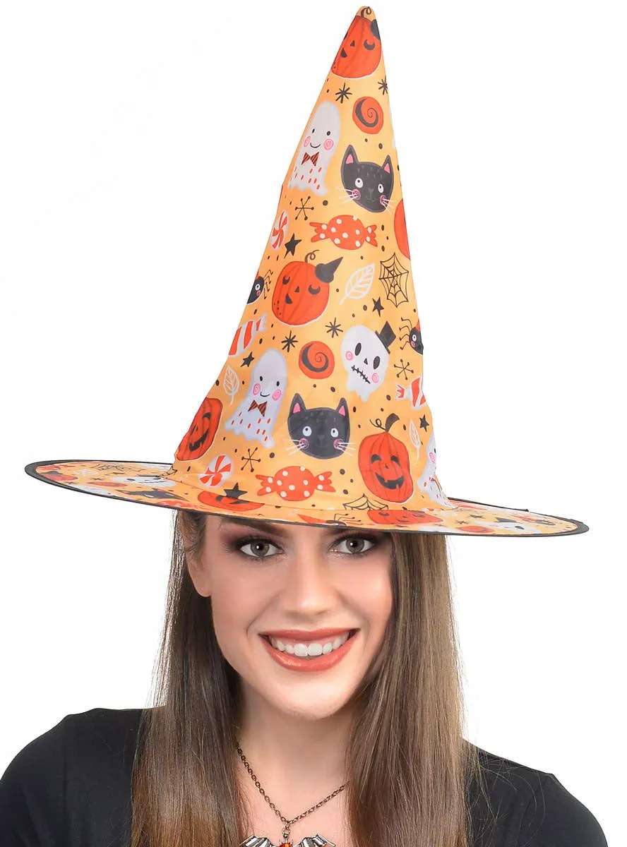 Cute Child Friendly Orange Halloween Print Witch Hat