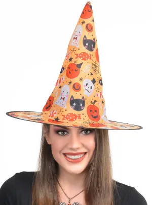 Cute Child Friendly Orange Halloween Print Witch Hat