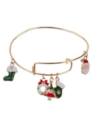 Cute Christmas Charms on Gold Metal Bangle Bracelet