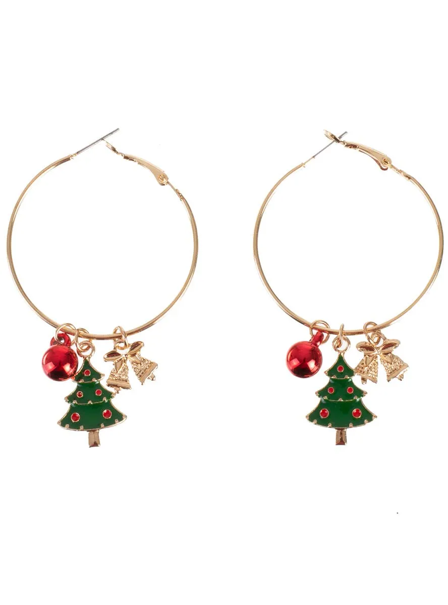 Cute Christmas Tree Pendants on Gold Hoop Earrings
