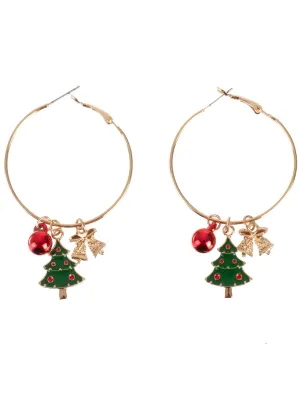 Cute Christmas Tree Pendants on Gold Hoop Earrings
