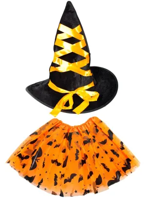 Cute Orange and Black Girls Witch Hat and Tutu Set