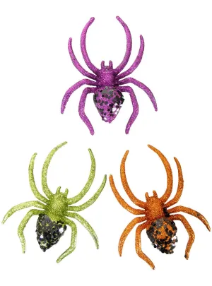 Cute Purple Green and Orange Glitter Halloween Spiders