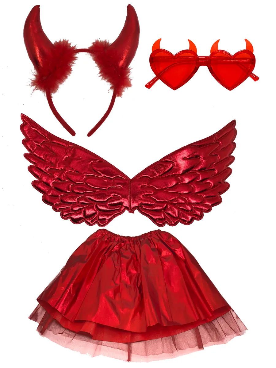 Cute Red Devil Girls 4 Piece Halloween Costume Accessory Set