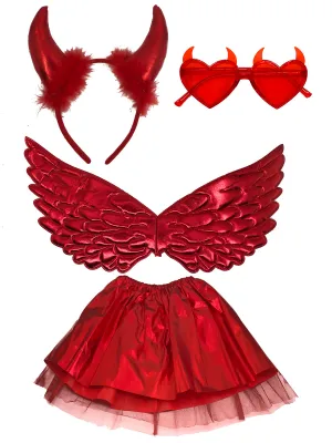 Cute Red Devil Girls 4 Piece Halloween Costume Accessory Set