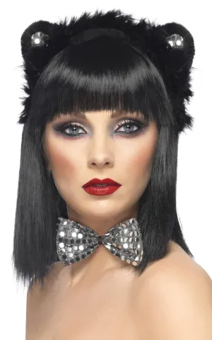 Cute Sequined Black Cat Ears and Bow Tie Accessory Kit
