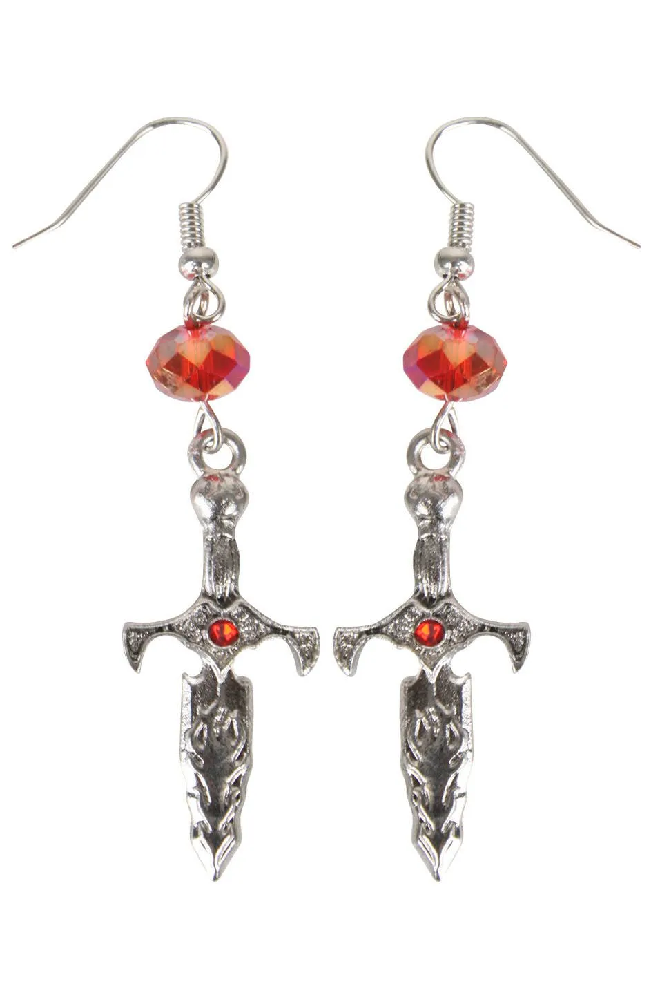Dagger Silver Halloween Earrings with Red Jewels