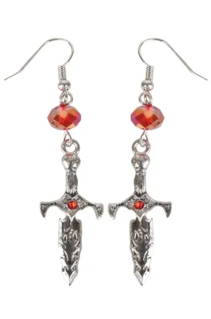 Dagger Silver Halloween Earrings with Red Jewels