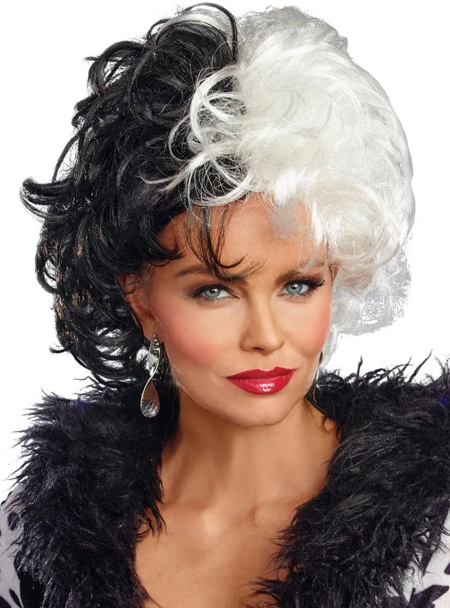 Dalmatian Diva Womens Curly Cruella De Vil Costume Wig