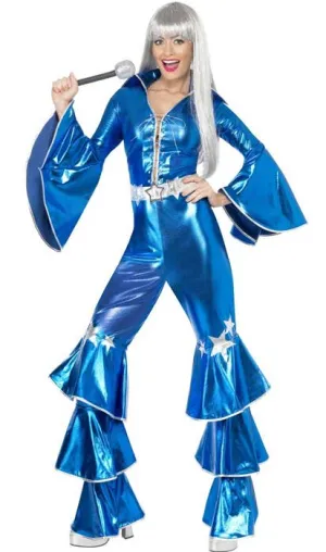 Dancing Queen Womens Blue 70s Disco Jumpsuit Costume