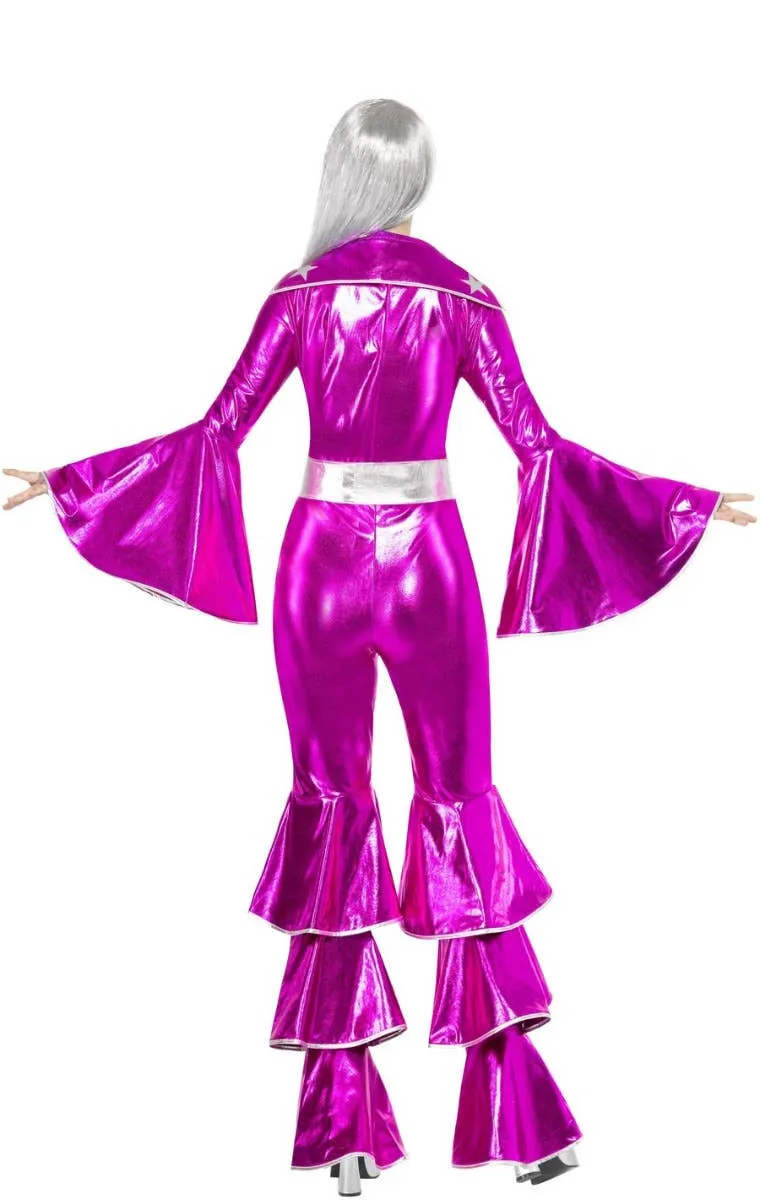 Dancing Queen Womens Pink 70s Disco Jumpsuit Costume