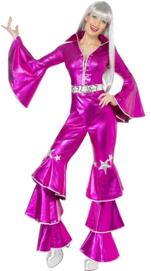 Dancing Queen Womens Pink 70s Disco Jumpsuit Costume