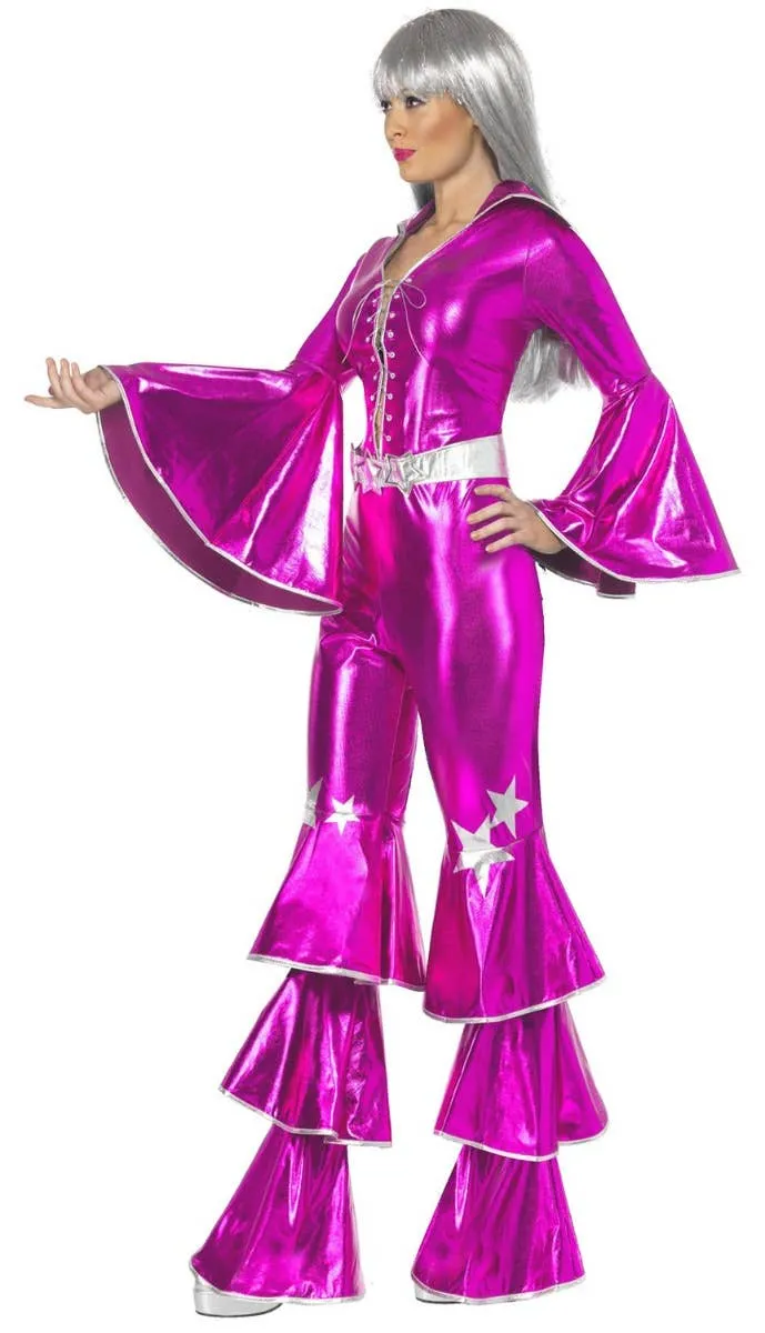 Dancing Queen Womens Pink 70s Disco Jumpsuit Costume