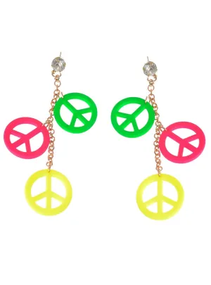 Dangling Neon Triple Peace Sign 1970s Costume Earrings