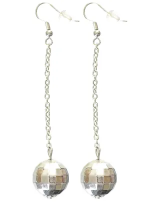 Dangling Silver 70s Disco Ball Costume Earrings