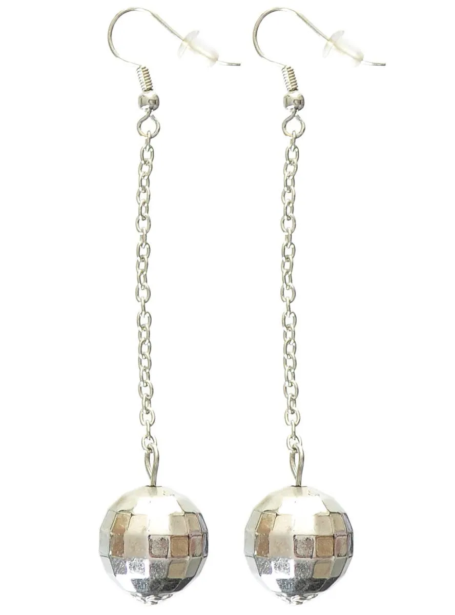 Dangling Silver 70s Disco Ball Costume Earrings