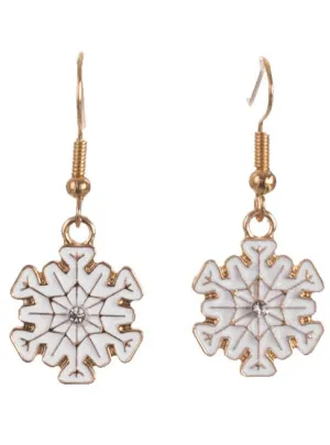 Dangling White and Gold Snowflake Christmas Earrings