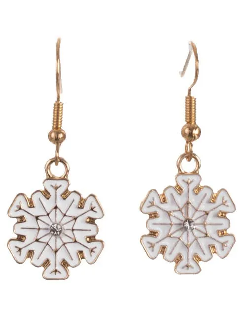 Dangling White and Gold Snowflake Christmas Earrings