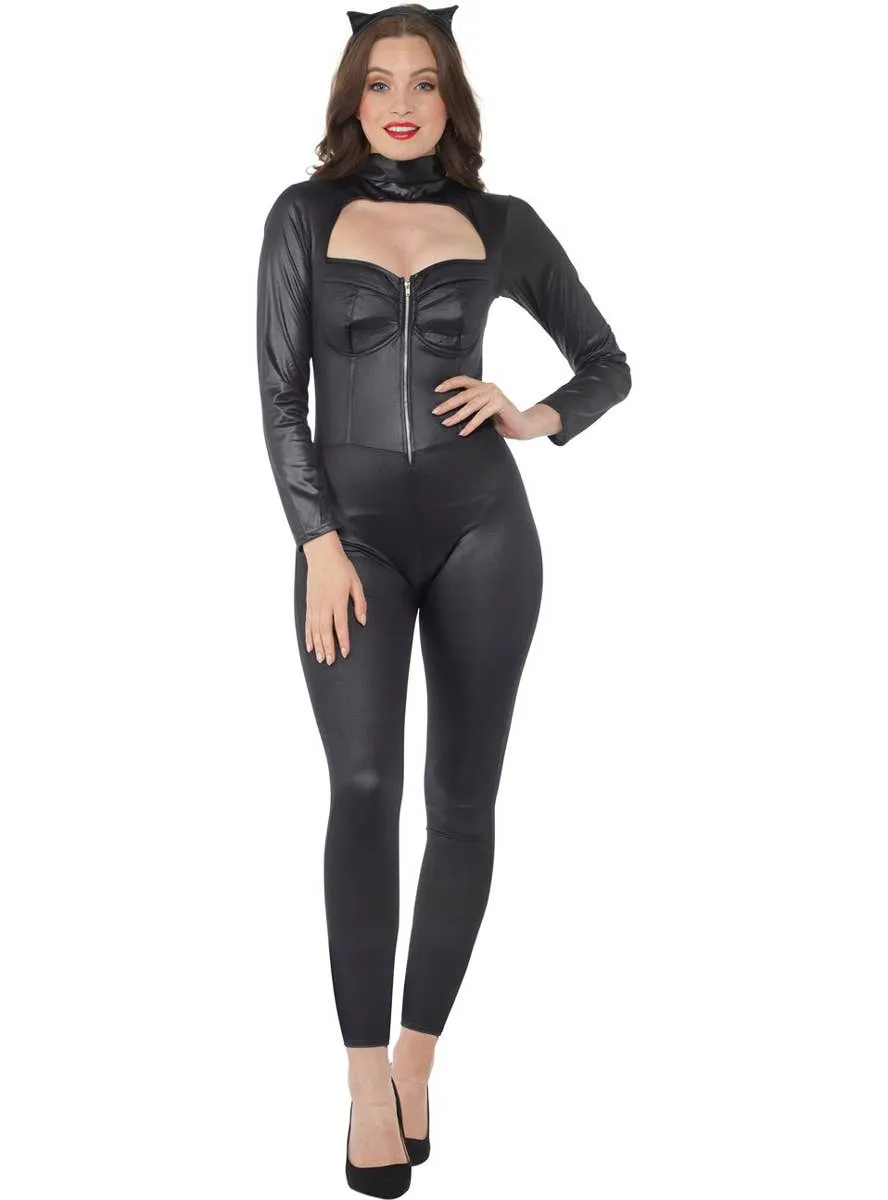 Daring Black Wet Look Catsuit Womens Dress Up Costume