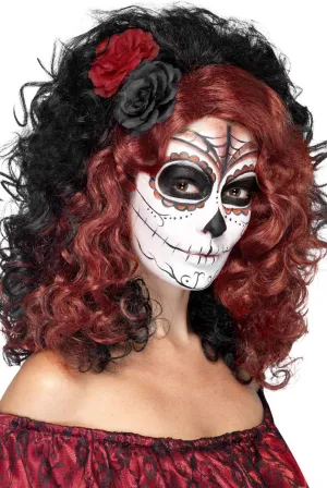 Day of the Dead Black and Red Wig with Roses