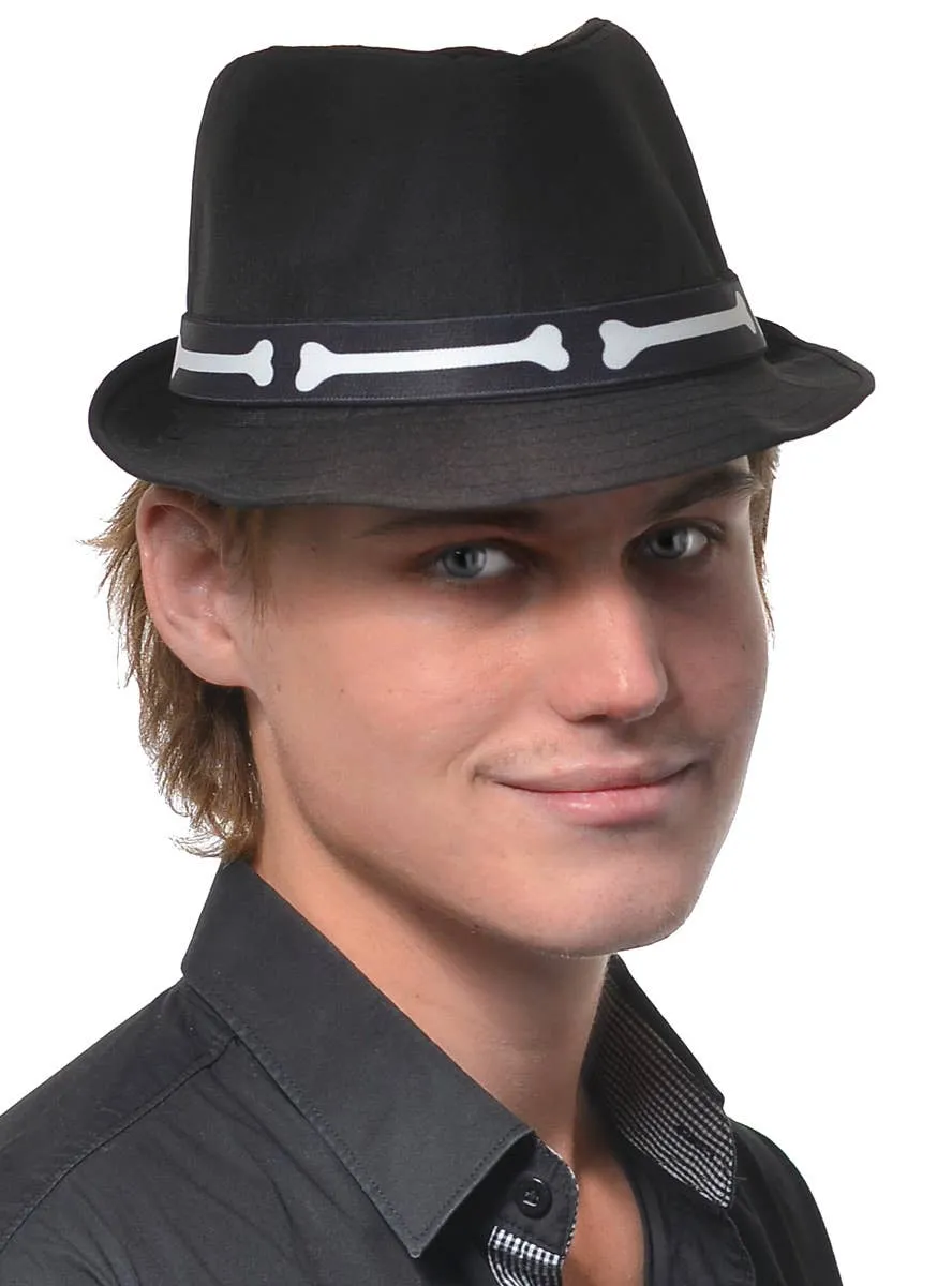 Day of the Dead Black Costume Fedora with Bone Band