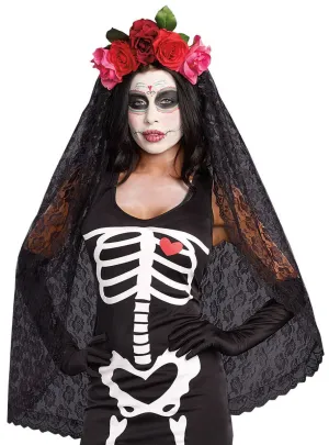 Day of the Dead Black Lace Veil with Roses Costume Accessory