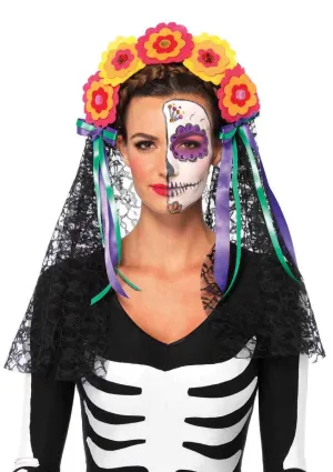 Day of The Dead Flower Headband with Veil