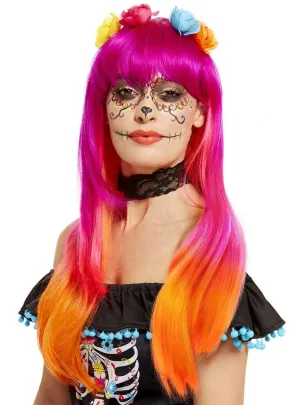 Day of the Dead Pink and Orange Womens Long Costume Wig