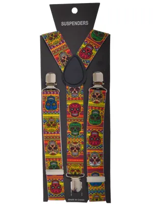 Day of the Dead Rainbow Sugar Skull Print Suspenders