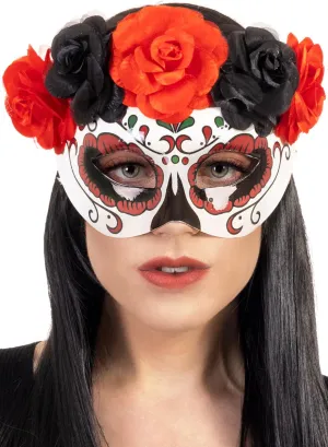 Day of the Dead Red and Black Masquerade Mask with Roses