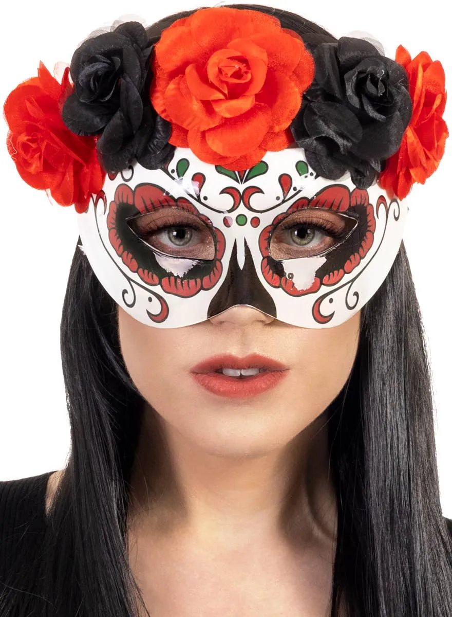 Day of the Dead Red and Black Masquerade Mask with Roses