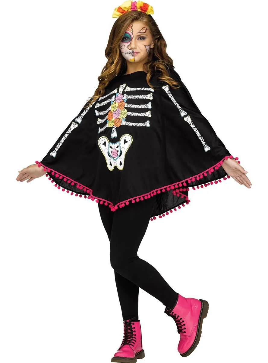Day of the Dead Skeleton Girls Halloween Costume Poncho