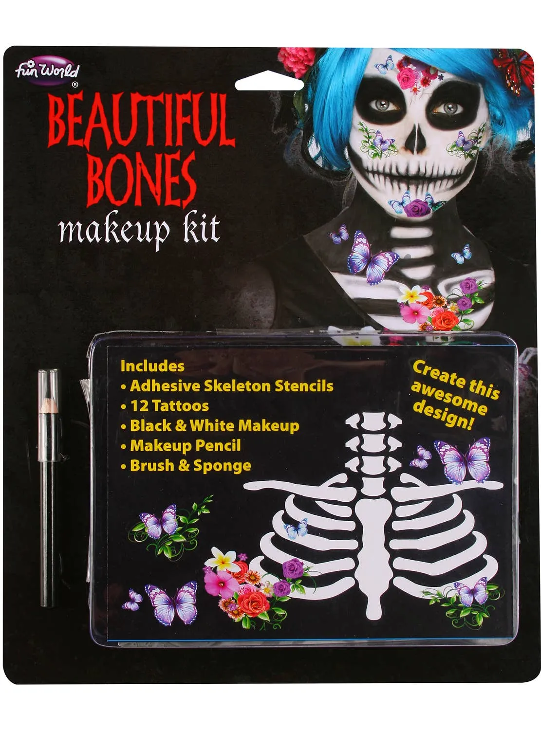 Day of the Dead Skeleton Halloween Face Paint and Tattoo Set