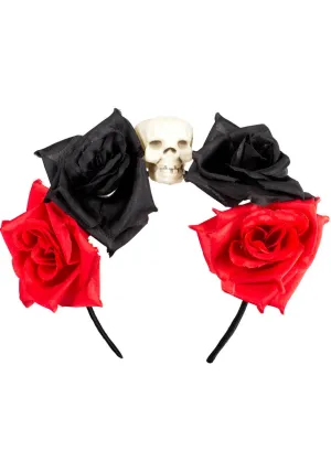 Day of the Dead Skull Headband with Red and Black Roses