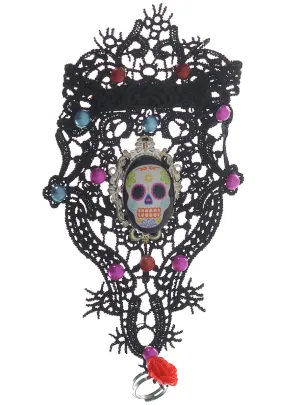Day of the Dead Sugar Skull and Black Lace Wrist Cuff with Ring