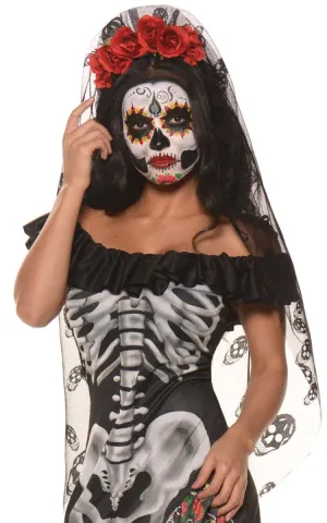Day of the Dead Womens Flower Headband with Veil