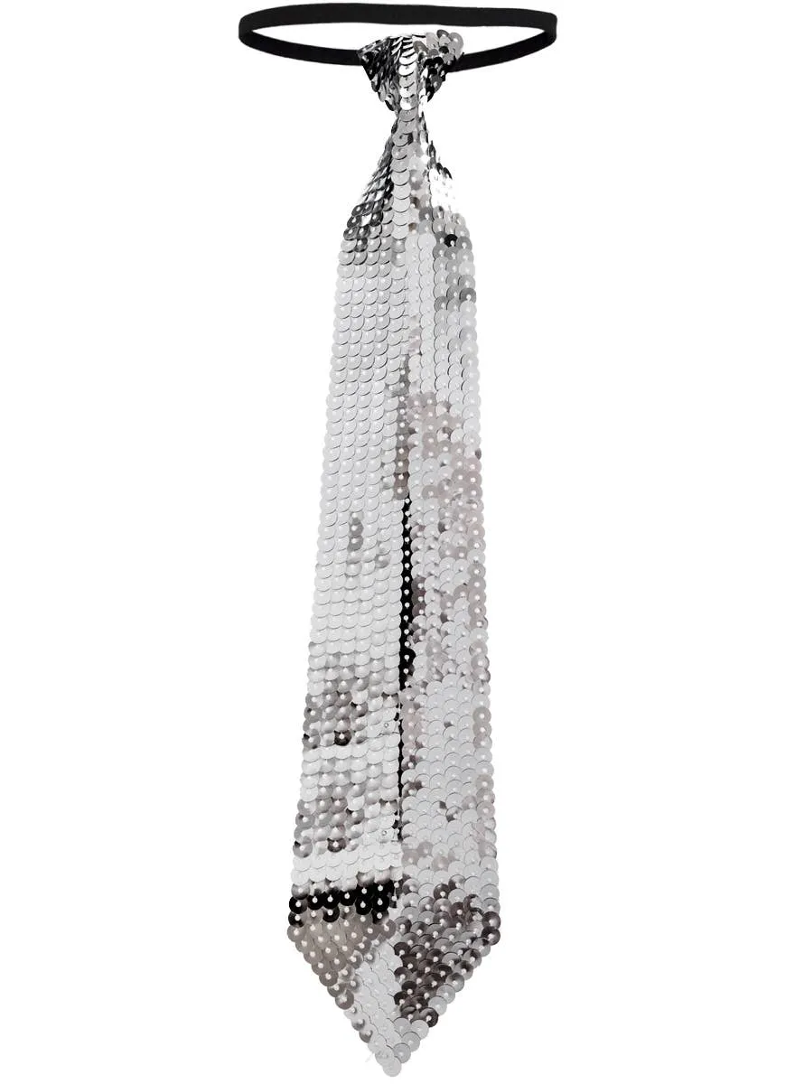 Dazzling Silver Sequin Costume Neck Tie