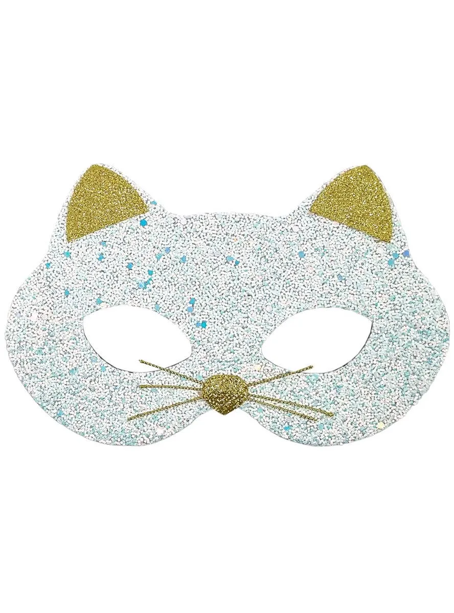Dazzling White and Gold Glitter Cat Costume Mask