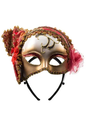 Deco Red and Gold Brocade Masquerade Mask on Headband