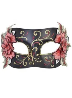 Decorative Floral Womens Black Masquerade Mask with Glitter