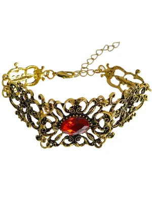 Delicate Brass Metal Costume Bracelet with Red Jewel