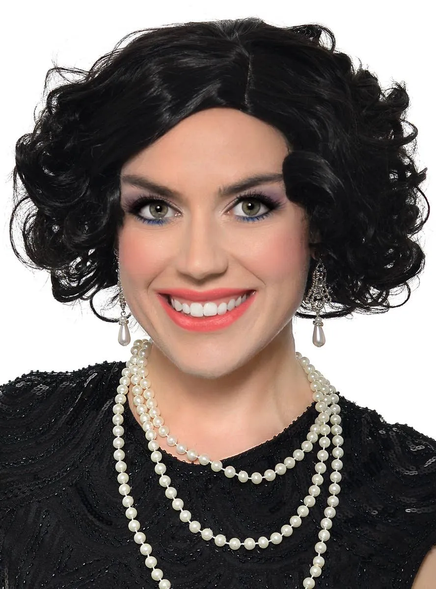 Deluxe 1920s Black Flapper Costume Wig with Skin Part