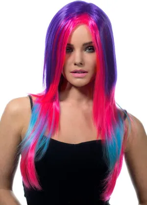 Deluxe Asha Long Purple Pink and Blue Womens Costume Wig