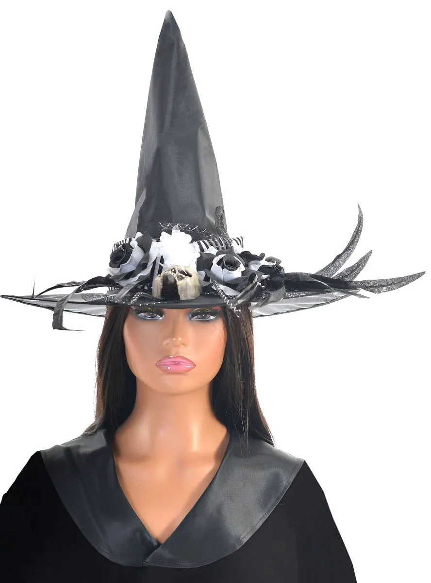 Deluxe Black and White Skull Witch Hat Halloween Accessory