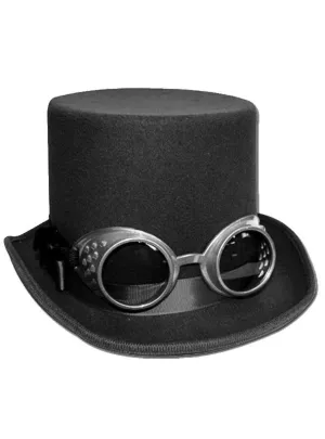 Deluxe Black Steampunk Top Hat with Goggles
