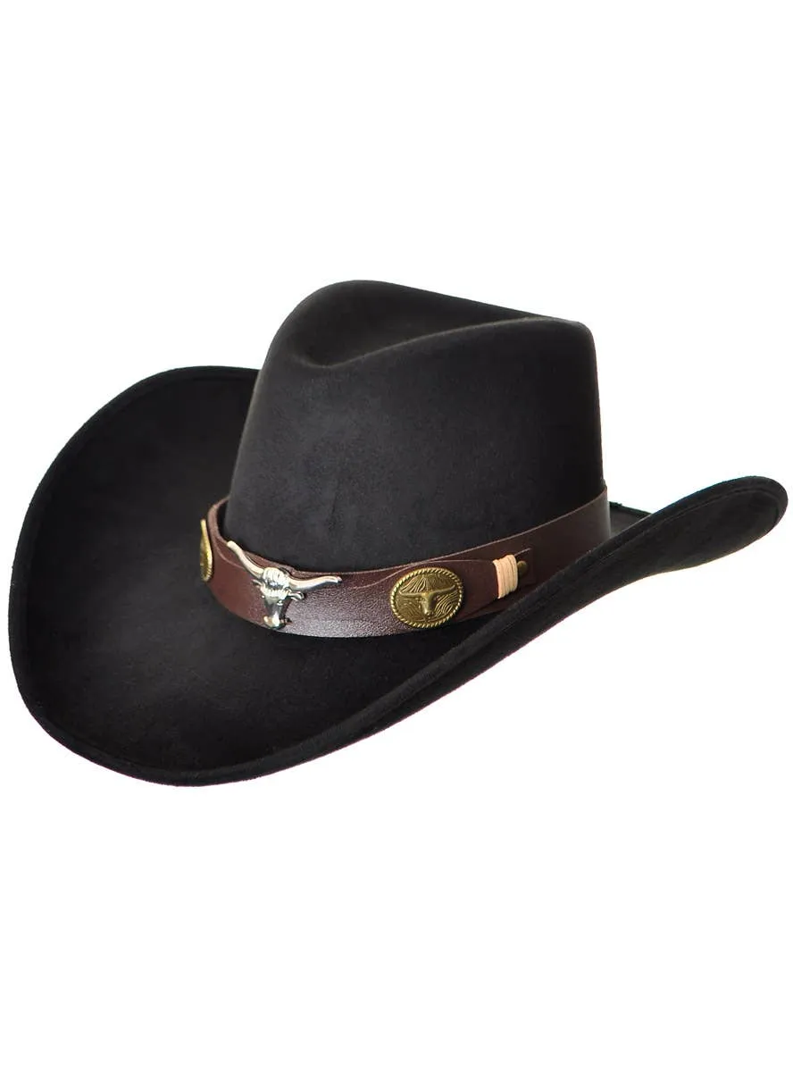 Deluxe Black Suede Texan Bull Cowboy Hat