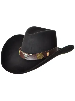 Deluxe Black Suede Texan Bull Cowboy Hat