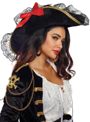 Deluxe Black Velvet Womens Pirate Costume Hat with Lace Trim