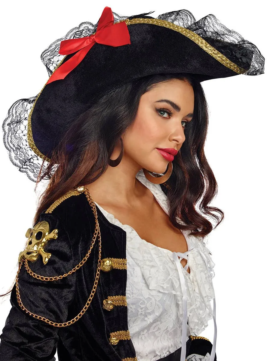 Deluxe Black Velvet Womens Pirate Costume Hat with Lace Trim