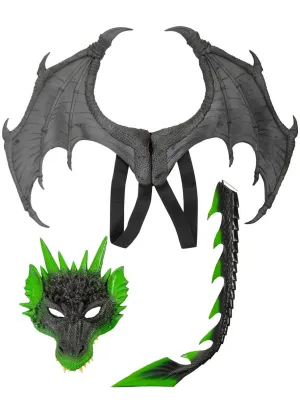 Deluxe Green and Black Dragon Wings Mask and Tail Kit